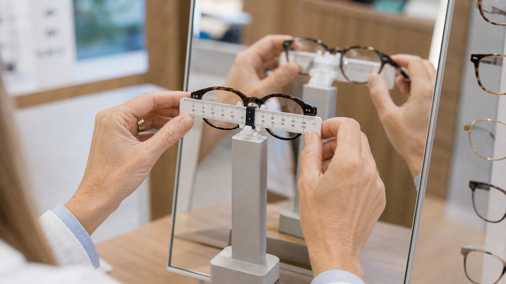 Essayage de montures devant un miroir avec mesure d'écart pupillaire